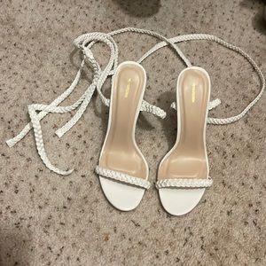 White braided tie up heels
